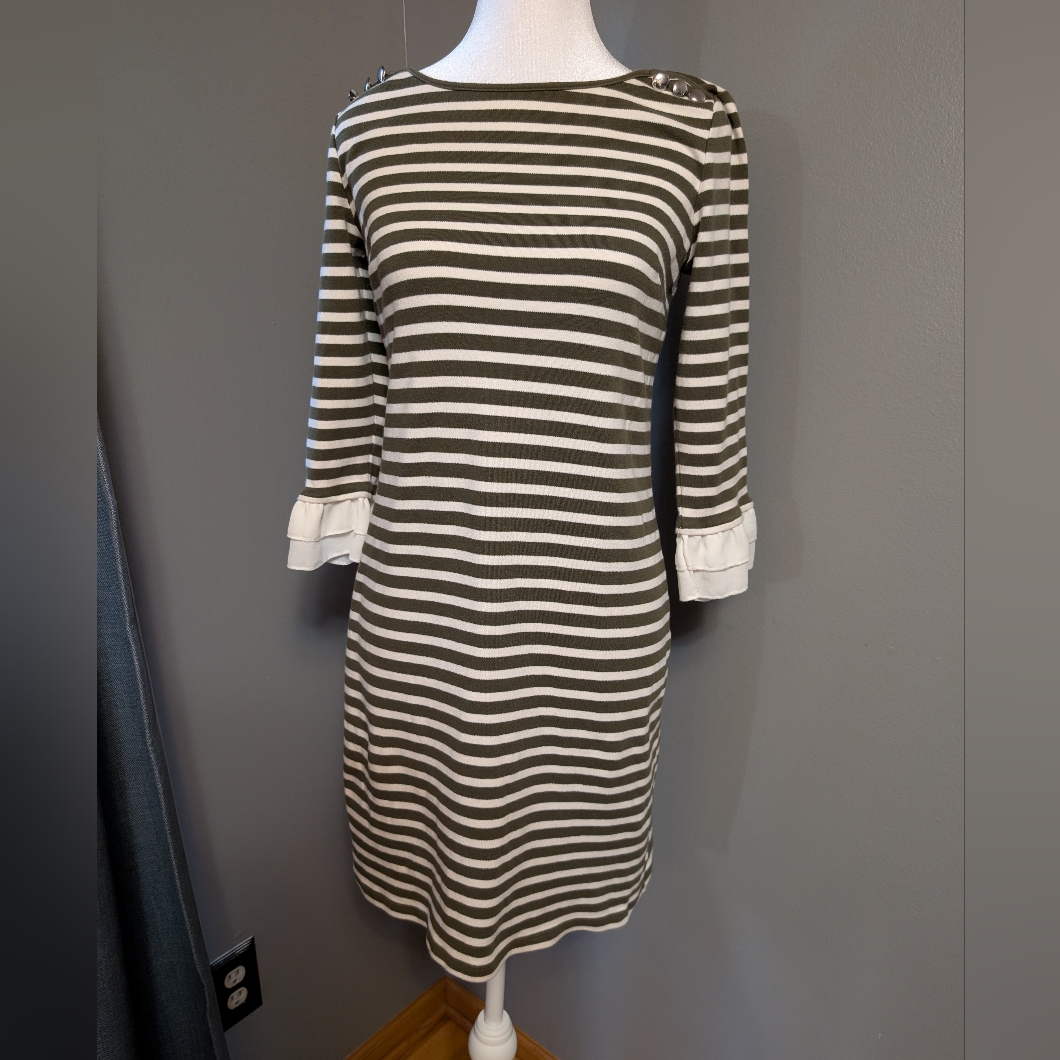 Talbots Green And White Striped Dress With Ruffled Sleeves Womens Size Small